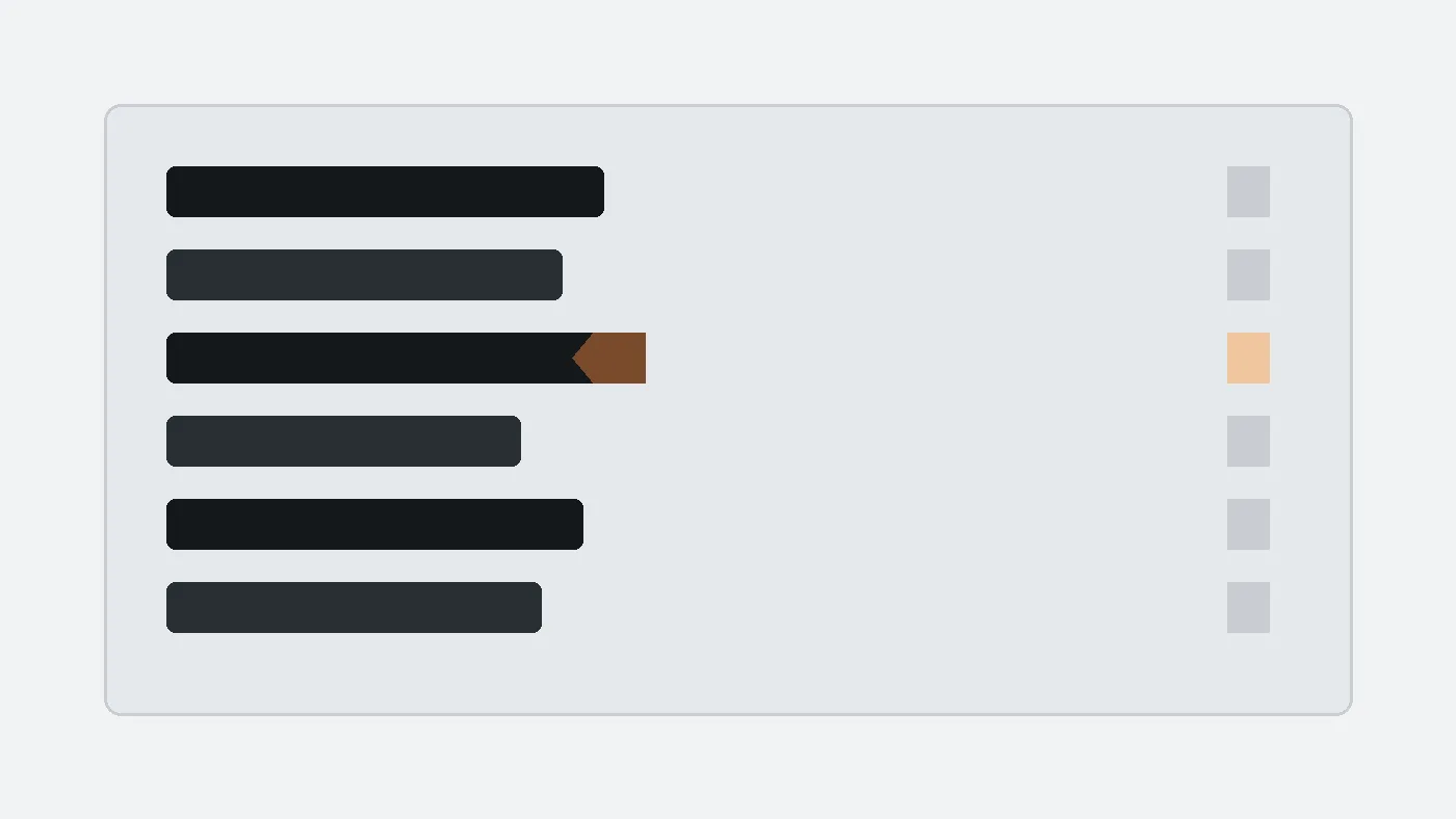 Abstract dictionary entry bars with an active lemma notch highlighted in copper.